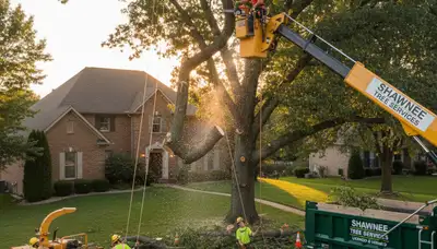 Professional crew performing safe tree removal with bucket truck and chainsaw in Shawnee, OK