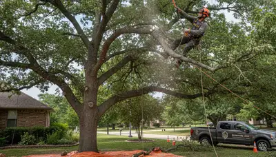 Arborist removing dead branches for safe tree trimming in Shawnee, OK