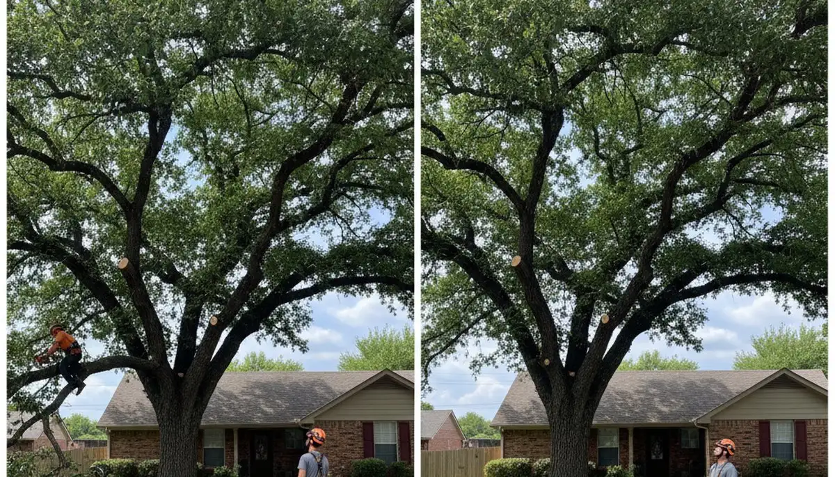 Arborist lifting tree canopy for driveway clearance during professional trimming in Shawnee, OK