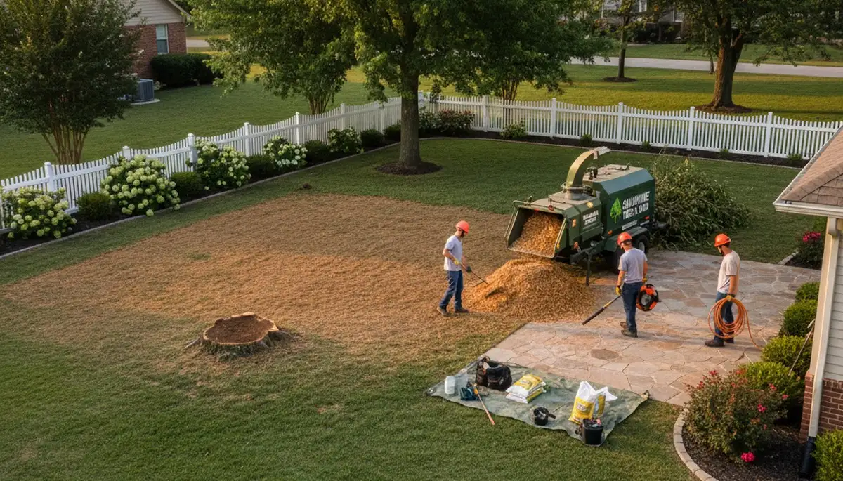 Completed tree removal and yard restoration with mulch cleanup by professionals in Shawnee, OK