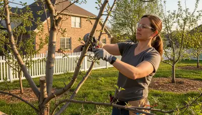 Arborist pruning fruit tree for improved harvest in Shawnee, OK backyard orchard