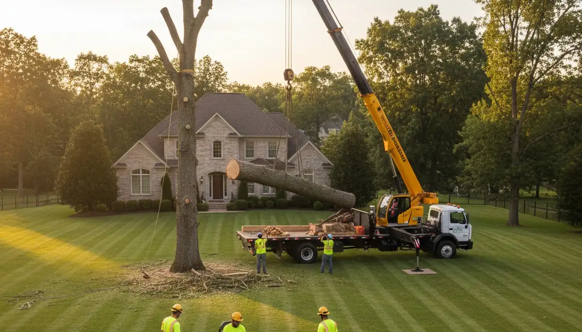 Professional lawn care and tree removal team working in Shawnee, OK yard