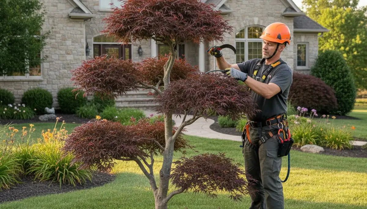Arborist hand pruning ornamental tree in Shawnee, OK yard for expert tree shaping and aesthetic appeal