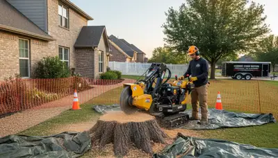 Professional stump grinding equipment removing tree stumps in Shawnee, OK landscaping area