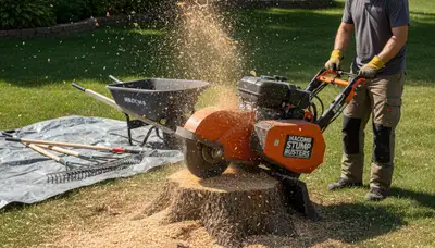 Professional stump grinding removing tree stumps on residential lawn in Macomb, near Shawnee OK