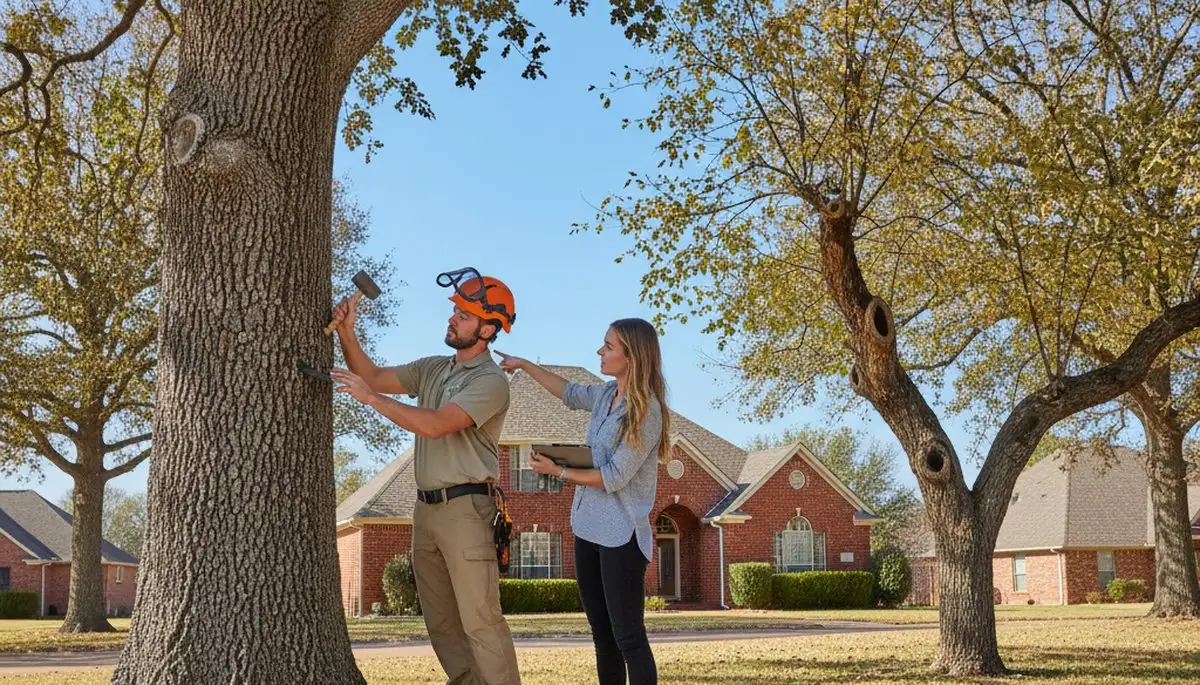 Certified arborist performing tree health assessment for homeowners in McLoud, OK near Shawnee tree service