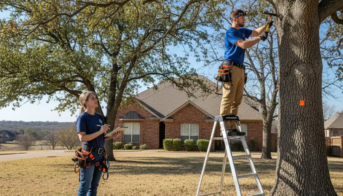 Certified arborist performing tree health assessment for homeowners in Newalla, OK near Shawnee tree service