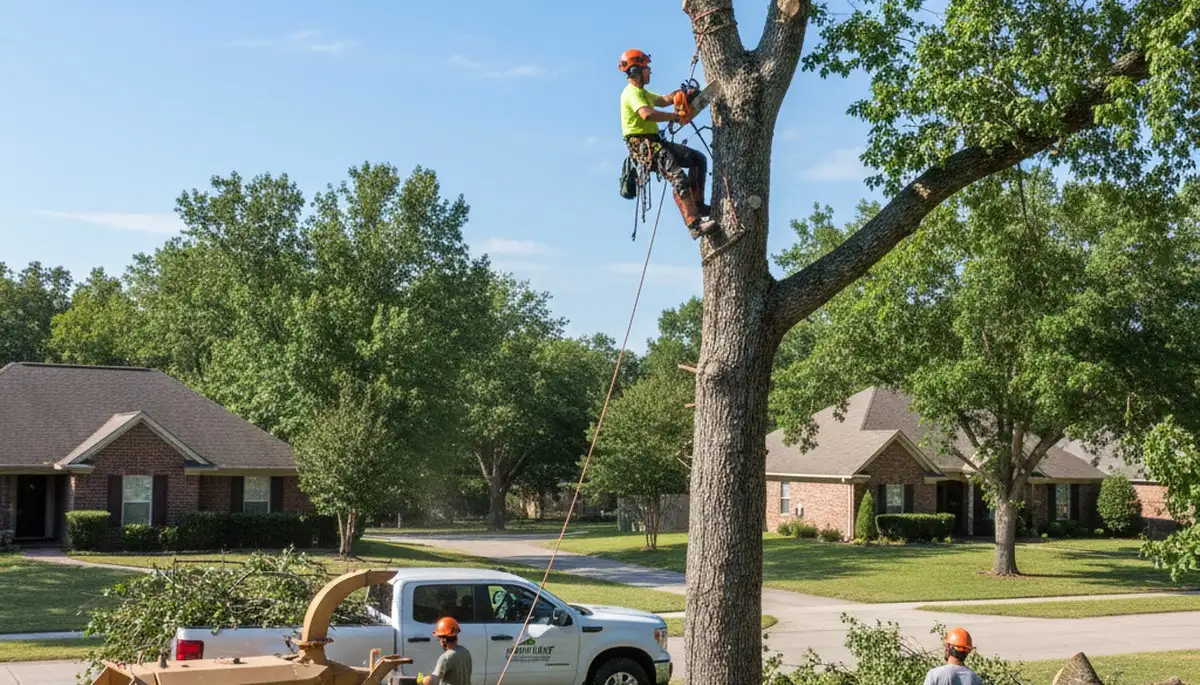 Professional tree removal crew working in Shawnee, OK yard with safety gear and equipment