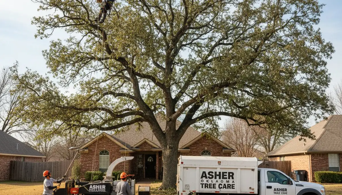 Professional tree removal service crew working in Shawnee, OK yard