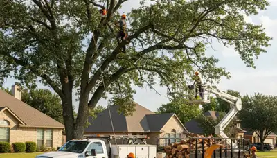 Professional tree removal service in Shawnee OK clearing hazardous oak near residential property