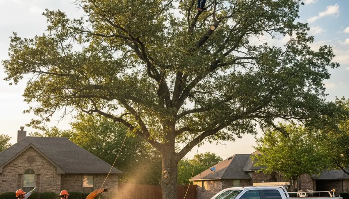 Professional tree removal service crew working safely in Shawnee, OK residential neighborhood
