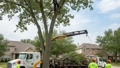 Arborist trimming oak branches for healthy growth in Shawnee, OK yard
