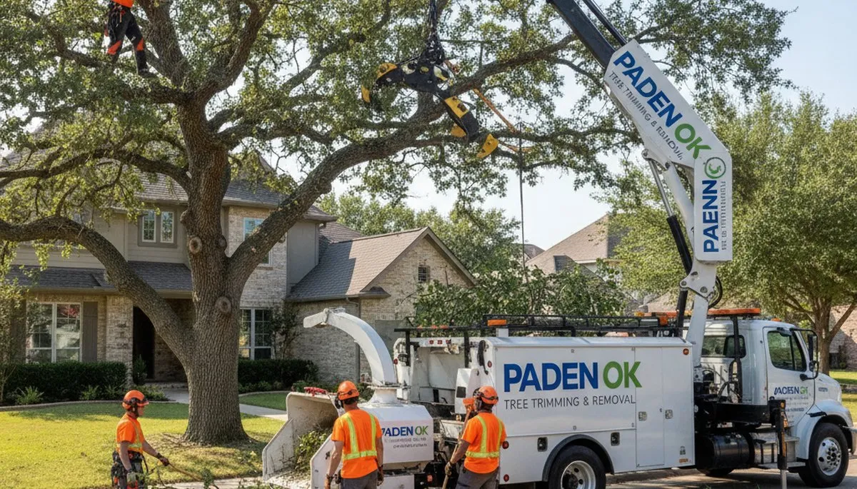 Professional tree removal service team in Shawnee OK safely cutting and clearing large oak tree