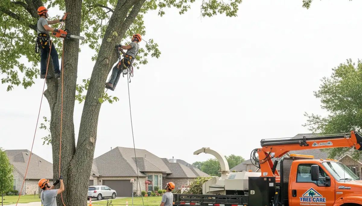 Professional tree removal service in Shawnee OK safely cutting down large oak tree