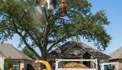 Professional tree removal service in Shawnee OK safely cutting and clearing large oak tree